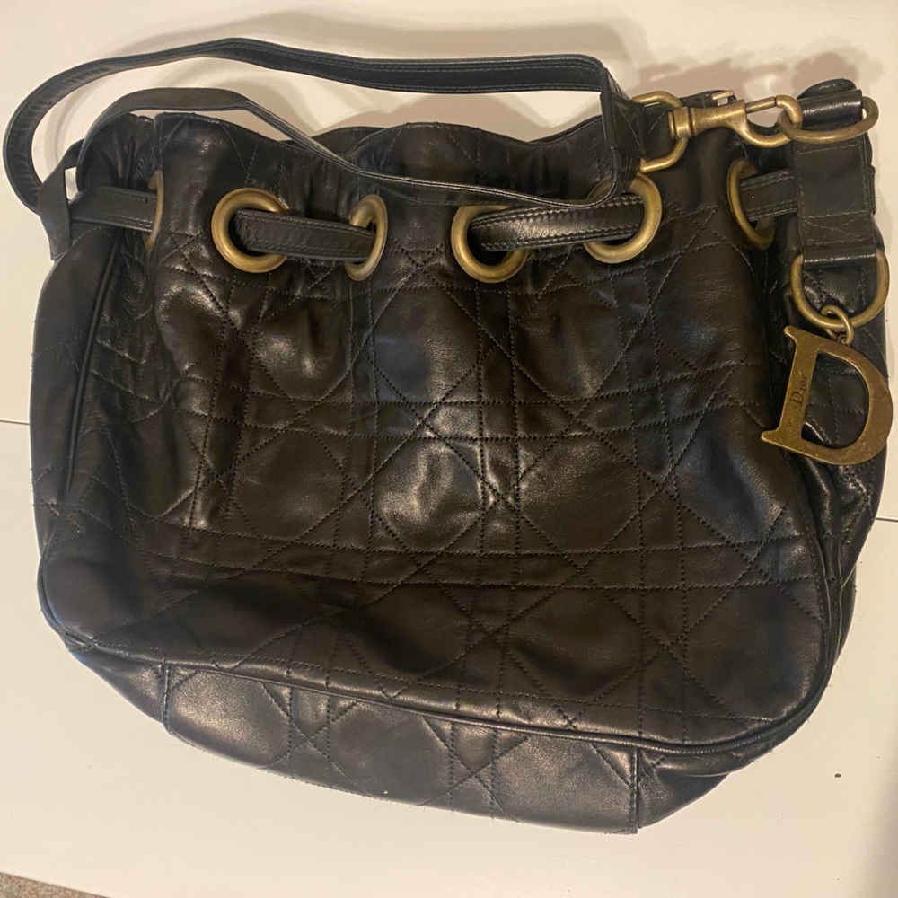 Authentic Christian Dior Vintage Black Leather Hobo Purse. Classic Red Interior.